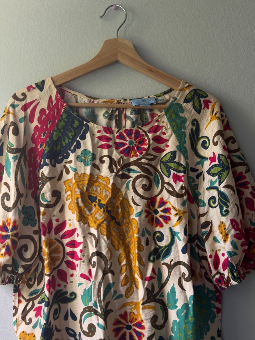 CeCe Floral Scoop-Neck Blouse in Cream, Blue & Green - Picture 3 of 7